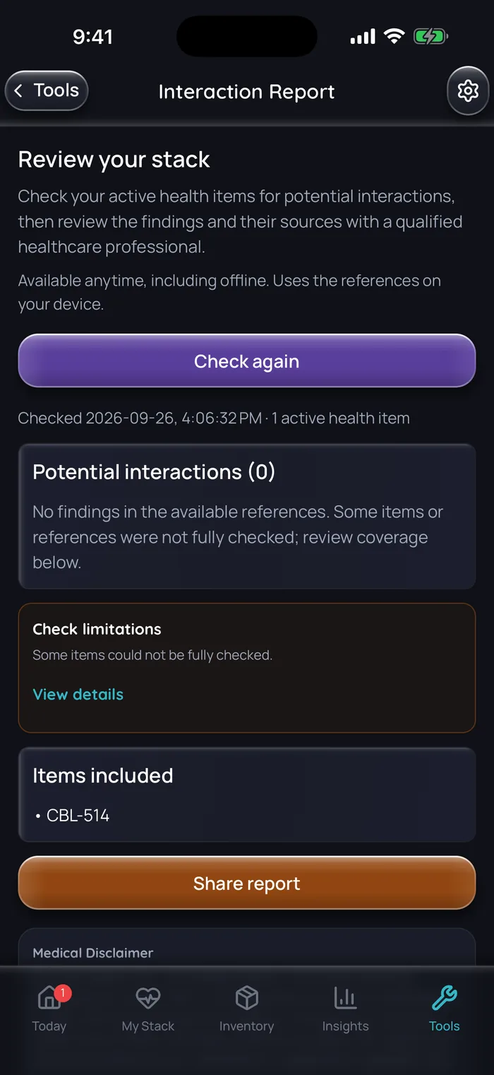 Capture de l’app Doserly (interface en anglais) : rapport d’interactions pour une combinaison comptant un seul élément actif, le CBL-514 : aucune interaction potentielle trouvée dans les références disponibles, et une note indiquant que certains éléments n’ont pas pu être entièrement vérifiés.