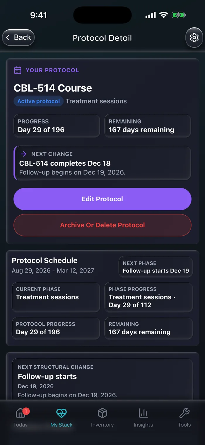 Capture de l’app Doserly (interface en anglais) : détail d’un protocole pour un exemple de cure de CBL-514 : jour 29 sur 112 de la phase « Treatment sessions » (séances de traitement), la phase de suivi commençant le 19 décembre 2026.