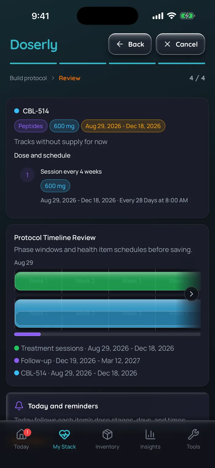 Capture de l’app Doserly (interface en anglais) : révision d’un protocole pour un exemple de cure de CBL-514 : 600 mg lors d’une séance tous les 28 jours, du 29 août au 18 décembre 2026, dans une phase « Treatment sessions » (séances de traitement), suivie d’une phase « Follow-up » (suivi) du 19 décembre 2026 au 12 mars 2027, sans séance.