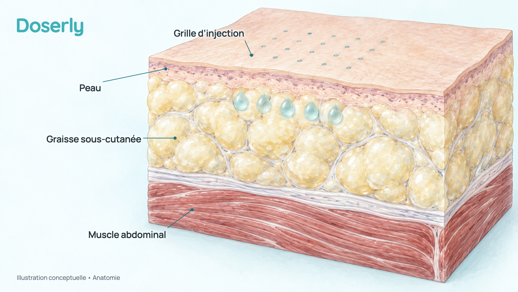 Illustration d’une coupe de la paroi du ventre montrant la peau, une épaisse couche de graisse sous-cutanée (la graisse sous la peau) et le muscle en dessous, avec une grille régulière de points d’injection dont les gouttelettes se trouvent seulement dans la couche de graisse.