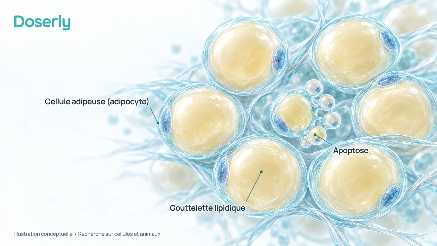 Illustration d’un groupe de cellules adipeuses, chacune remplie d’une grosse gouttelette de graisse, dont une cellule rétrécit et se fragmente en petits morceaux enveloppés pendant que ses voisines restent intactes.