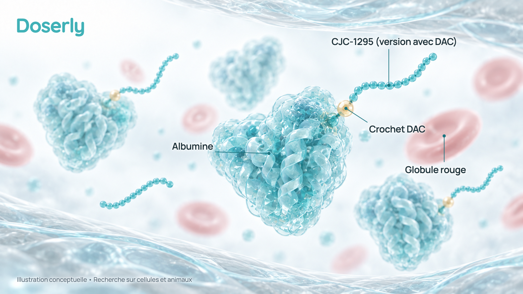 Illustration conceptuelle de protéines d’albumine qui flottent dans un vaisseau sanguin, certaines portant une courte chaîne de peptide attachée par un petit lien, avec des globules rouges flous à l’arrière-plan. Elle représente un concept tiré de la recherche sur cellules et animaux, pas une structure moléculaire mesurée.