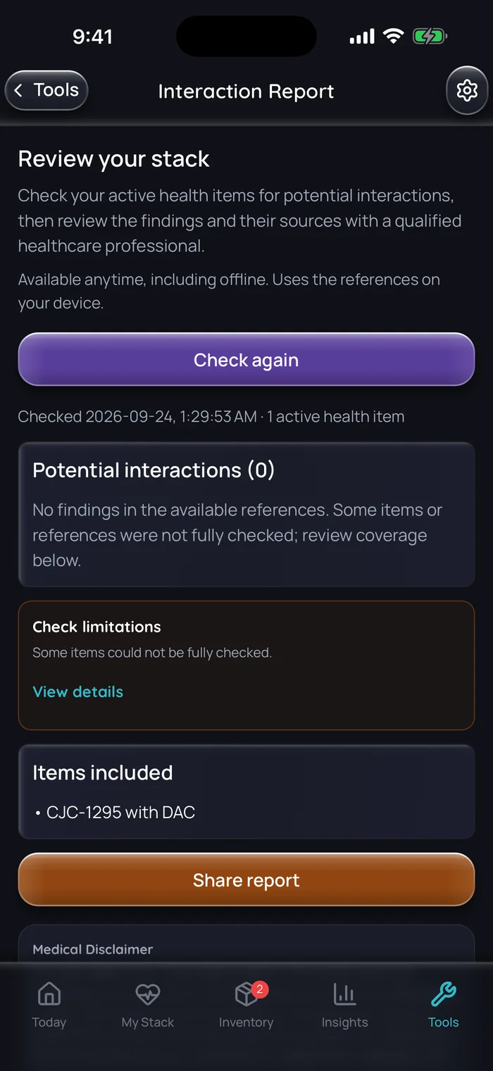 Capture de l’app Doserly (interface en anglais), données d’exemple : rapport d’interactions pour une combinaison comprenant un seul élément actif, le CJC-1295 avec DAC, sans résultat dans les références disponibles et avec une note indiquant que certains éléments n’ont pas pu être vérifiés complètement.