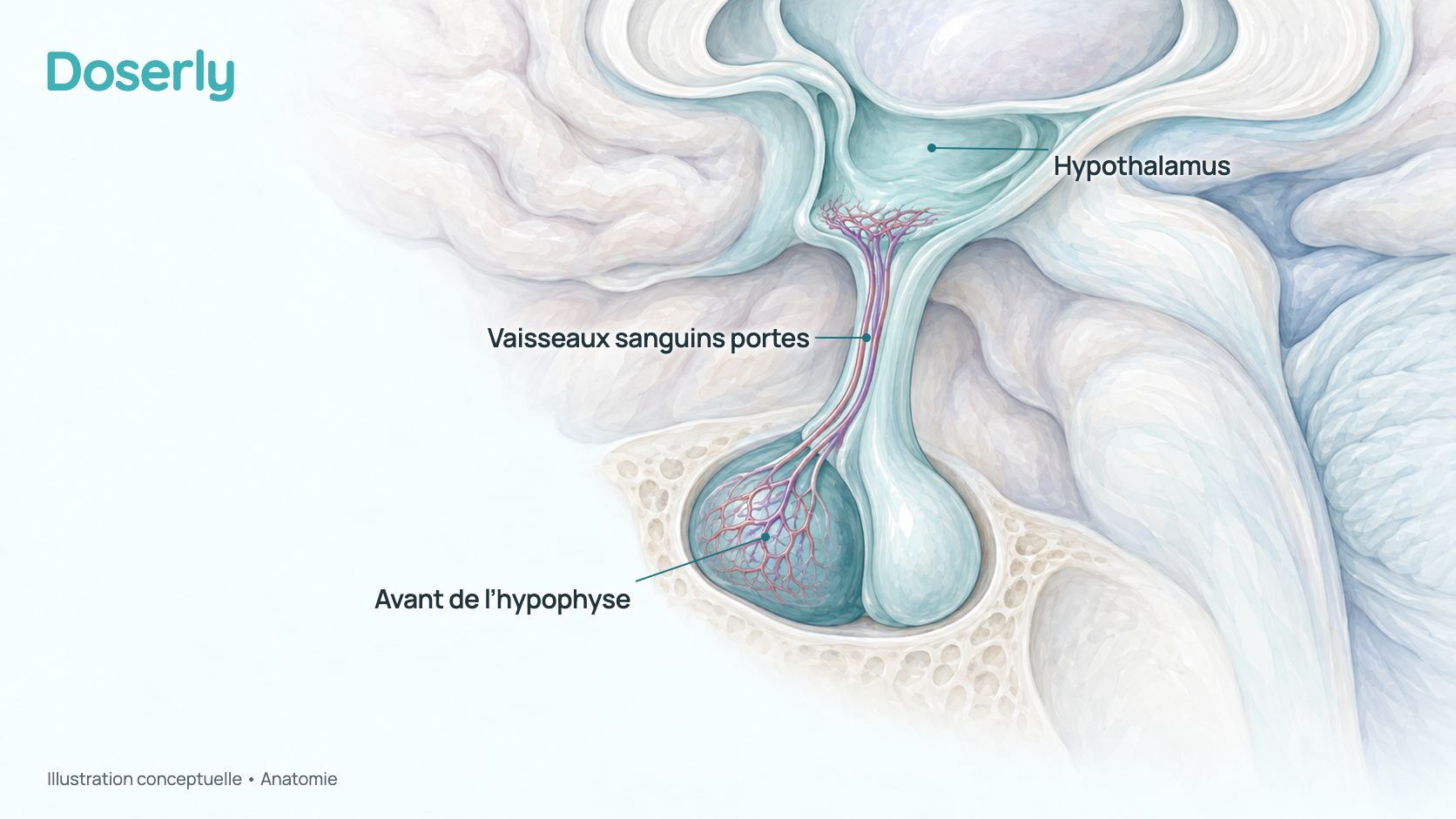 Illustration conceptuelle à l’aquarelle de la base du cerveau coupée en son milieu, montrant l’hypothalamus, la mince tige de l’hypophyse avec ses petits vaisseaux sanguins et le lobe avant de l’hypophyse. Elle montre seulement l’anatomie, pas un effet du CJC-1295.