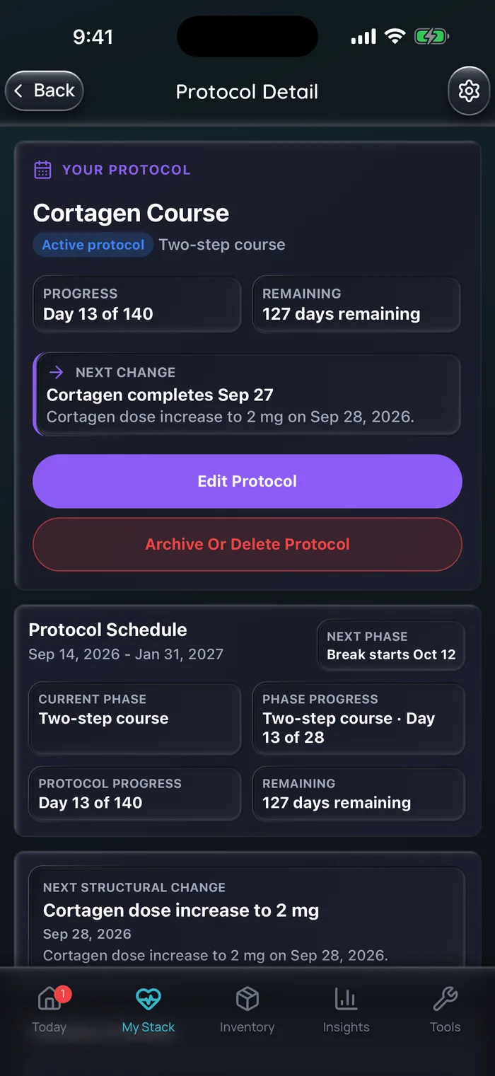 (Interface en anglais) Détail du protocole Doserly pour un exemple de cure de Cortagen au jour 13 sur 140, montrant le passage à 2 mg le 28 septembre et la pause prévue qui commence le 12 octobre.