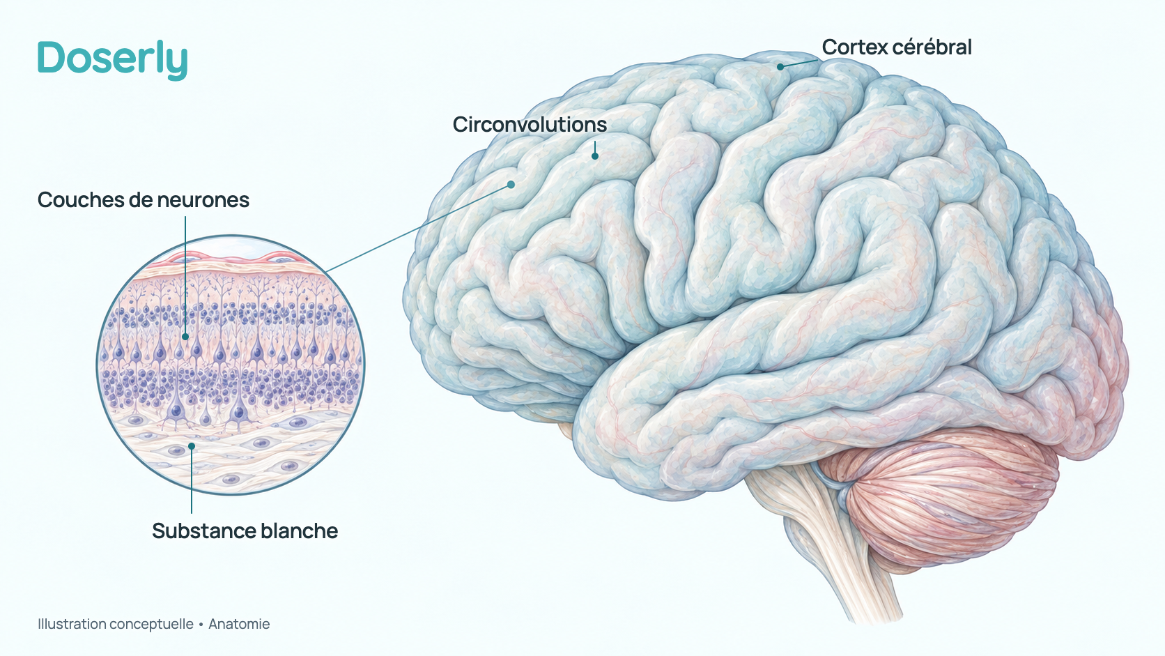 Le cerveau humain vu de côté, avec sa couche externe plissée, le cortex cérébral, mise en évidence, et une coupe agrandie qui montre ses couches de cellules nerveuses.