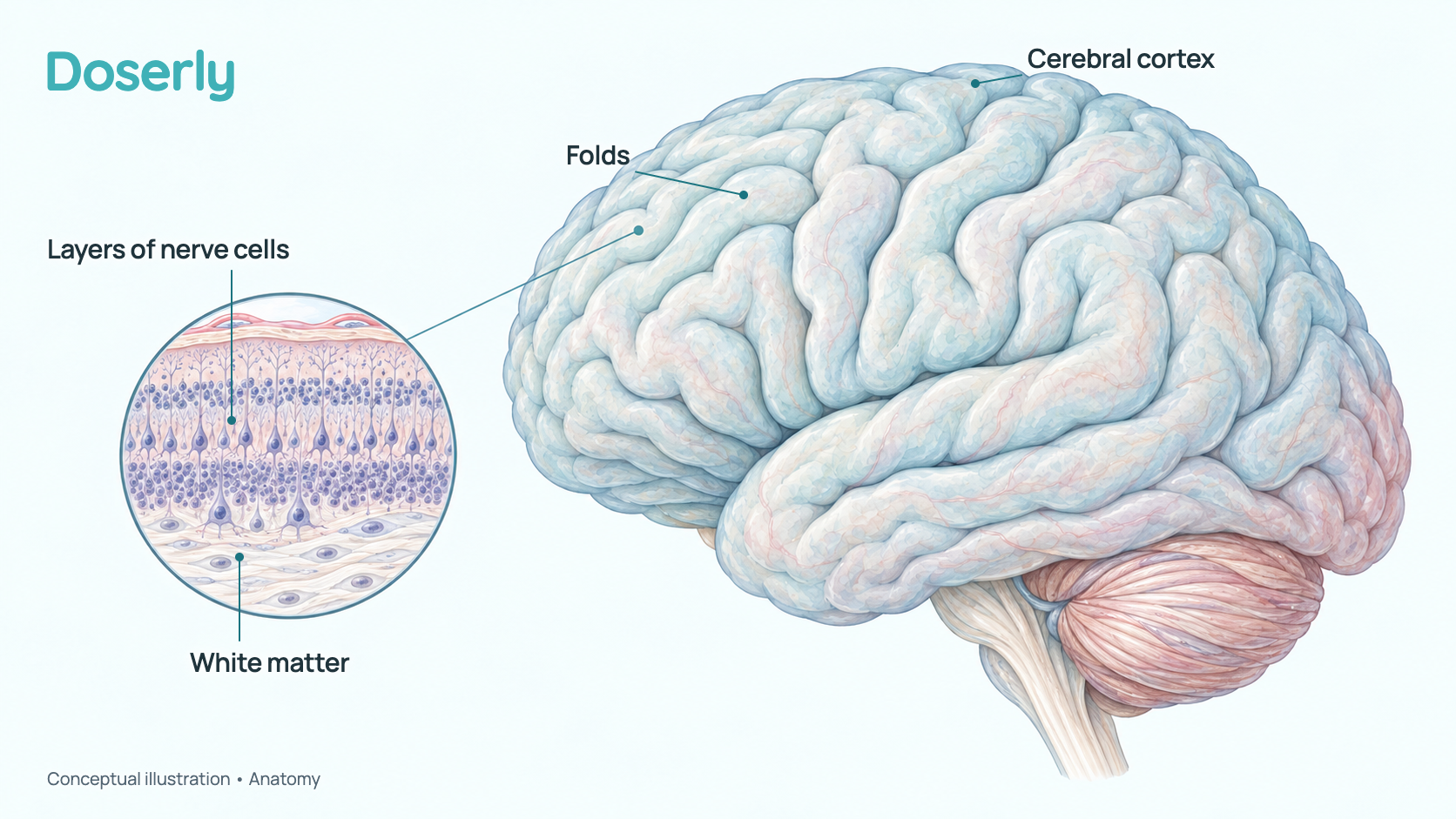 The human brain seen from the side with the folded outer layer, the cerebral cortex, highlighted, and a zoomed-in slice showing its layers of nerve cells.