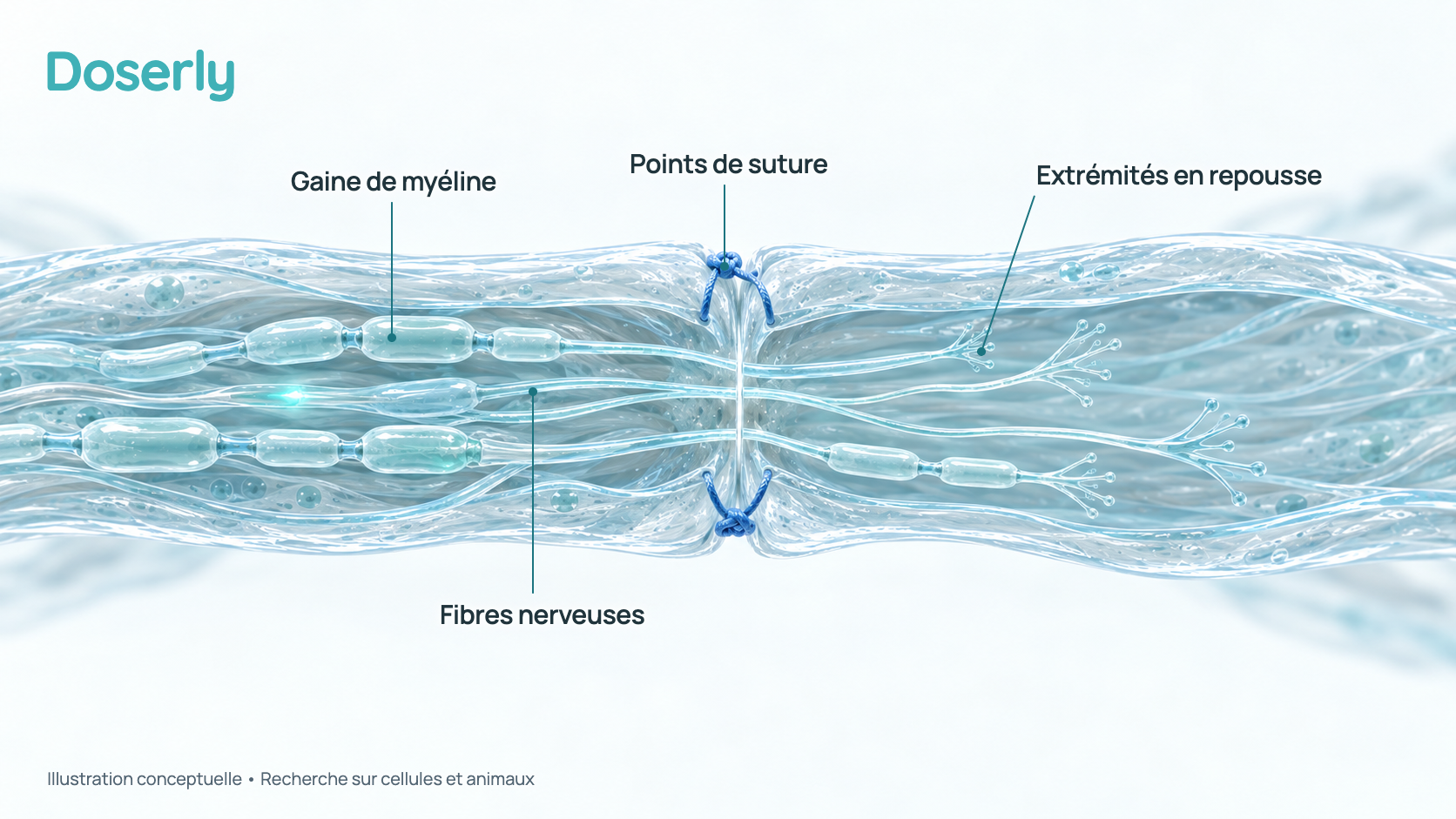 Un nerf périphérique coupé et recousu, avec des fibres nerveuses qui repoussent à travers la réparation à l’intérieur de leurs gaines isolantes.