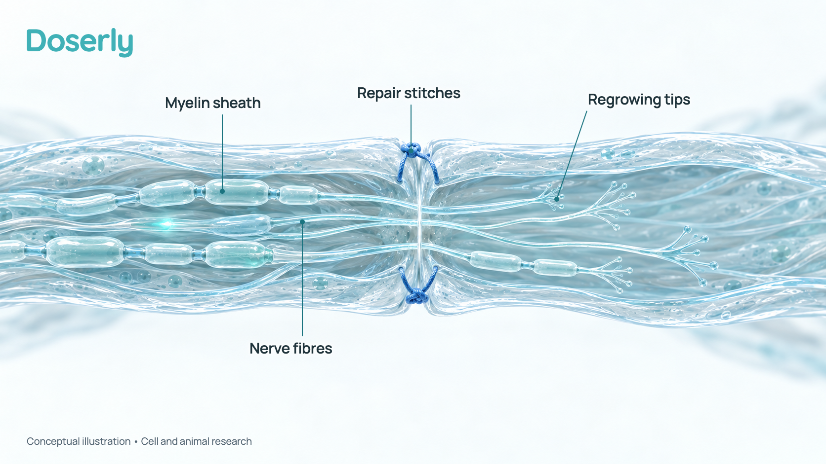 A peripheral nerve cut and stitched back together, with nerve fibres growing across the repair inside their insulating sheaths.