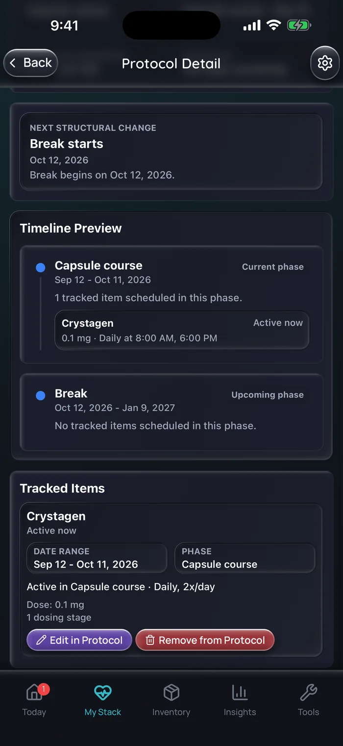 Capture de l’app Doserly (interface en anglais), données d’exemple : aperçu de la chronologie d’une cure de Crystagen, avec une phase de capsules du 12 septembre au 11 octobre 2026 à 0,1 mg chaque jour à 8 h et à 18 h, puis une pause du 12 octobre 2026 au 9 janvier 2027 sans élément suivi.