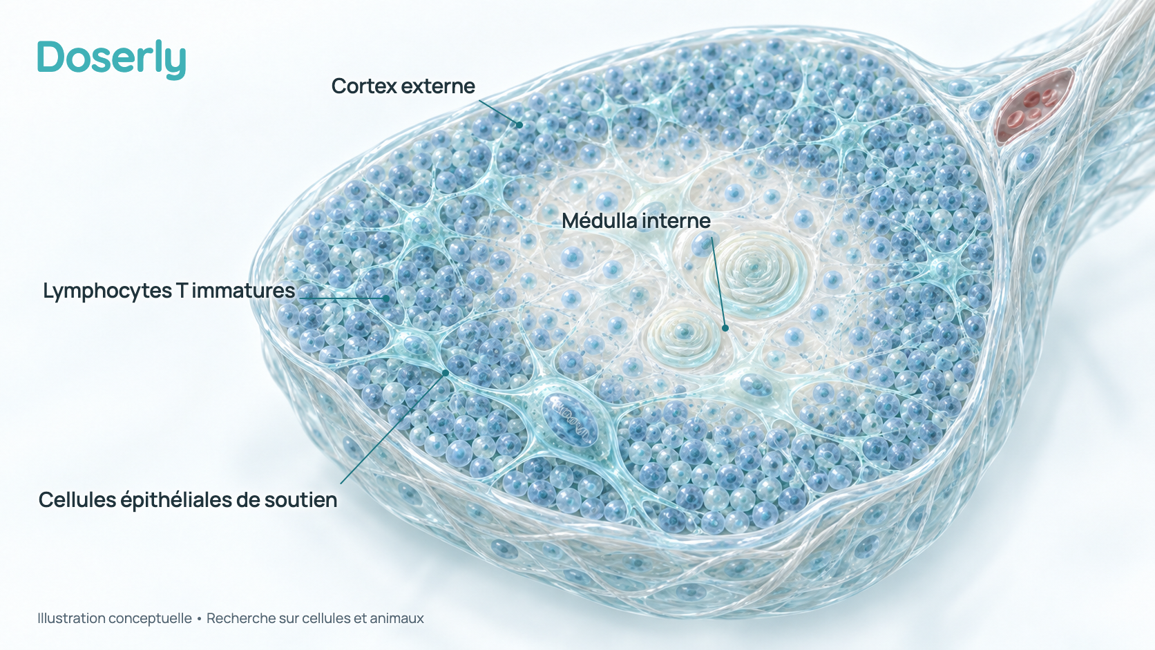 Illustration conceptuelle d’un petit lobule de thymus : le cortex externe rempli de petits lymphocytes T en développement dans un réseau de cellules épithéliales étoilées, et la médulla interne plus pâle. Elle représente des recherches sur cellules et animaux, pas un effet démontré du Crystagen chez l’humain.