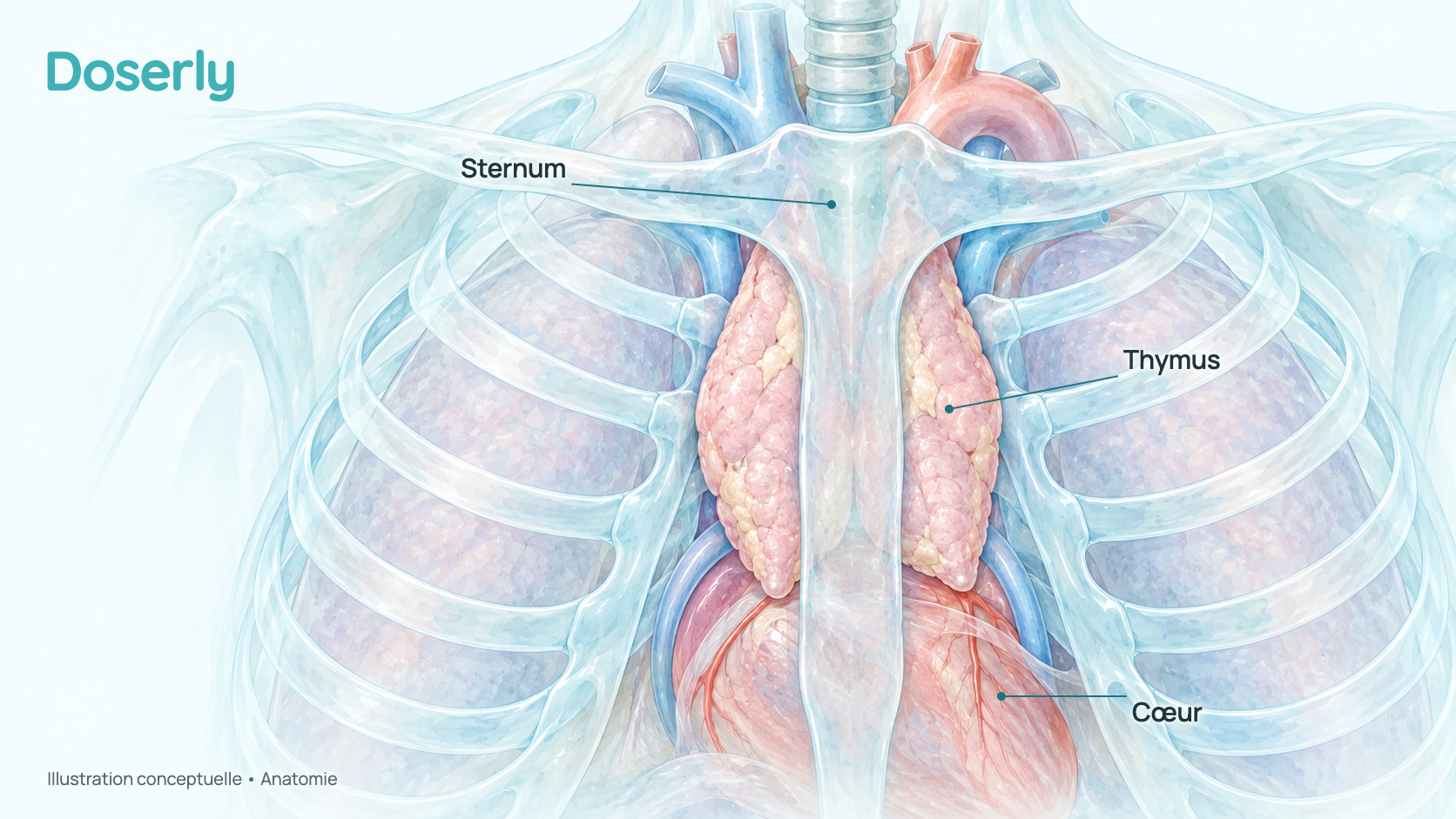 Illustration conceptuelle à l’aquarelle du haut de la poitrine vu de face : le thymus à deux lobes se trouve derrière le sternum, au-dessus du cœur et devant les gros vaisseaux sanguins. Elle montre seulement l’anatomie, pas un effet du Crystagen.