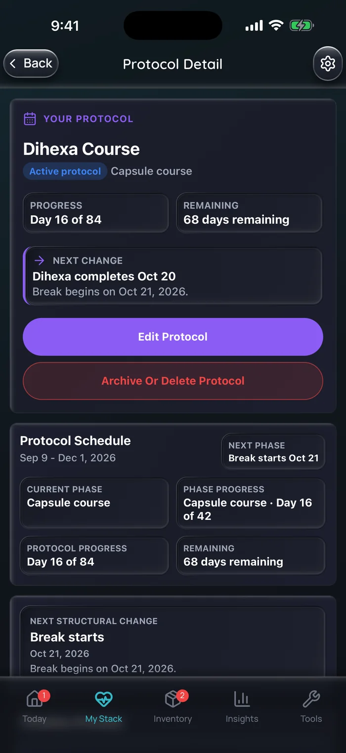 Capture de l’app Doserly (interface en anglais) : détail d’une cure de capsules de Dihexa, au jour 16 sur 84 avec 68 jours restants; la prise se termine le 20 octobre et la pause commence le 21 octobre.