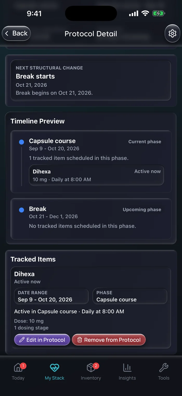 Capture de l’app Doserly (interface en anglais) : aperçu d’une cure de Dihexa, avec six semaines de capsules à 10 mg par jour à 8 h du 9 septembre au 20 octobre, puis six semaines de pause sans dose jusqu’au 1er décembre 2026.