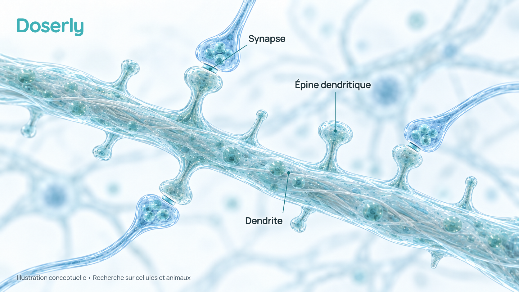 Illustration conceptuelle d’une branche de cellule nerveuse couverte de petites épines dendritiques en forme de champignon; plusieurs touchent des fibres nerveuses voisines pour former des synapses. Elle représente la recherche sur cellules et animaux, pas un effet démontré chez l’humain.