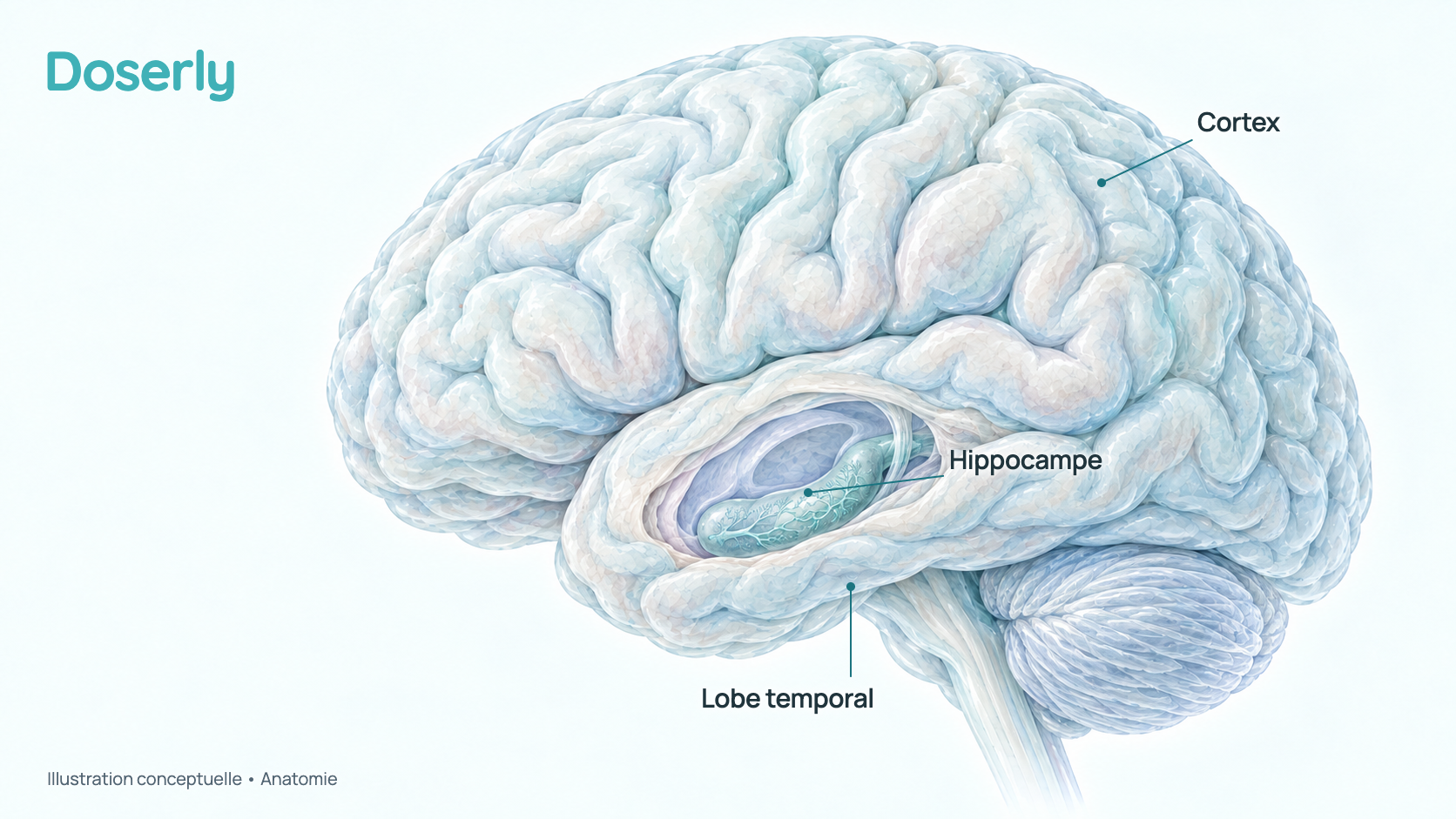 Coupe conceptuelle du cerveau humain montrant l’hippocampe, structure incurvée au fond du lobe temporal qui participe à la formation des souvenirs, et des réseaux de cellules nerveuses connectées. L’image illustre l’anatomie, pas un effet du Dihexa.