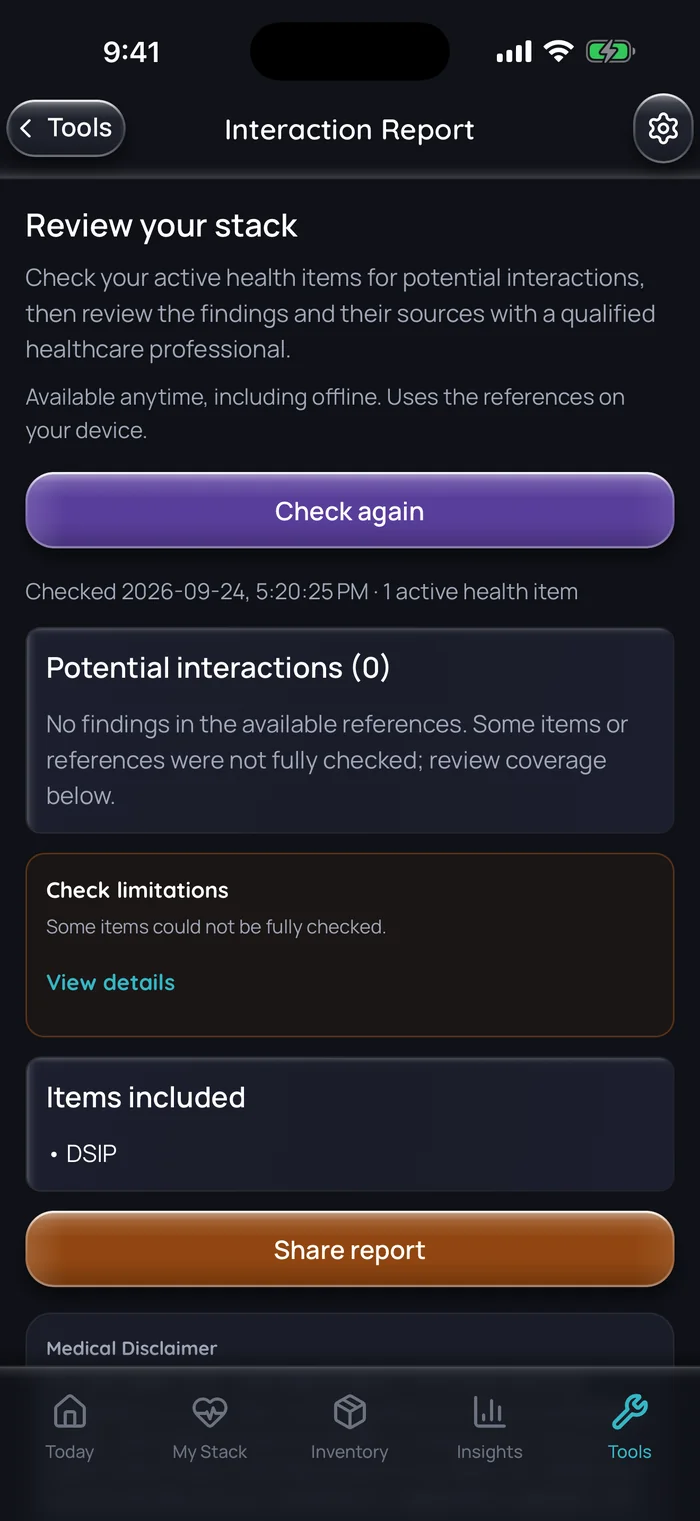 Doserly interaction report for a stack with one active item, DSIP, showing no findings in the available references and a note that some items could not be fully checked.