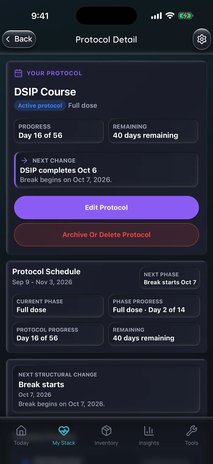 Doserly protocol detail for a DSIP course in its full-dose phase, on day 16 of 56 with 40 days remaining, showing that the break begins on Oct 7, 2026.