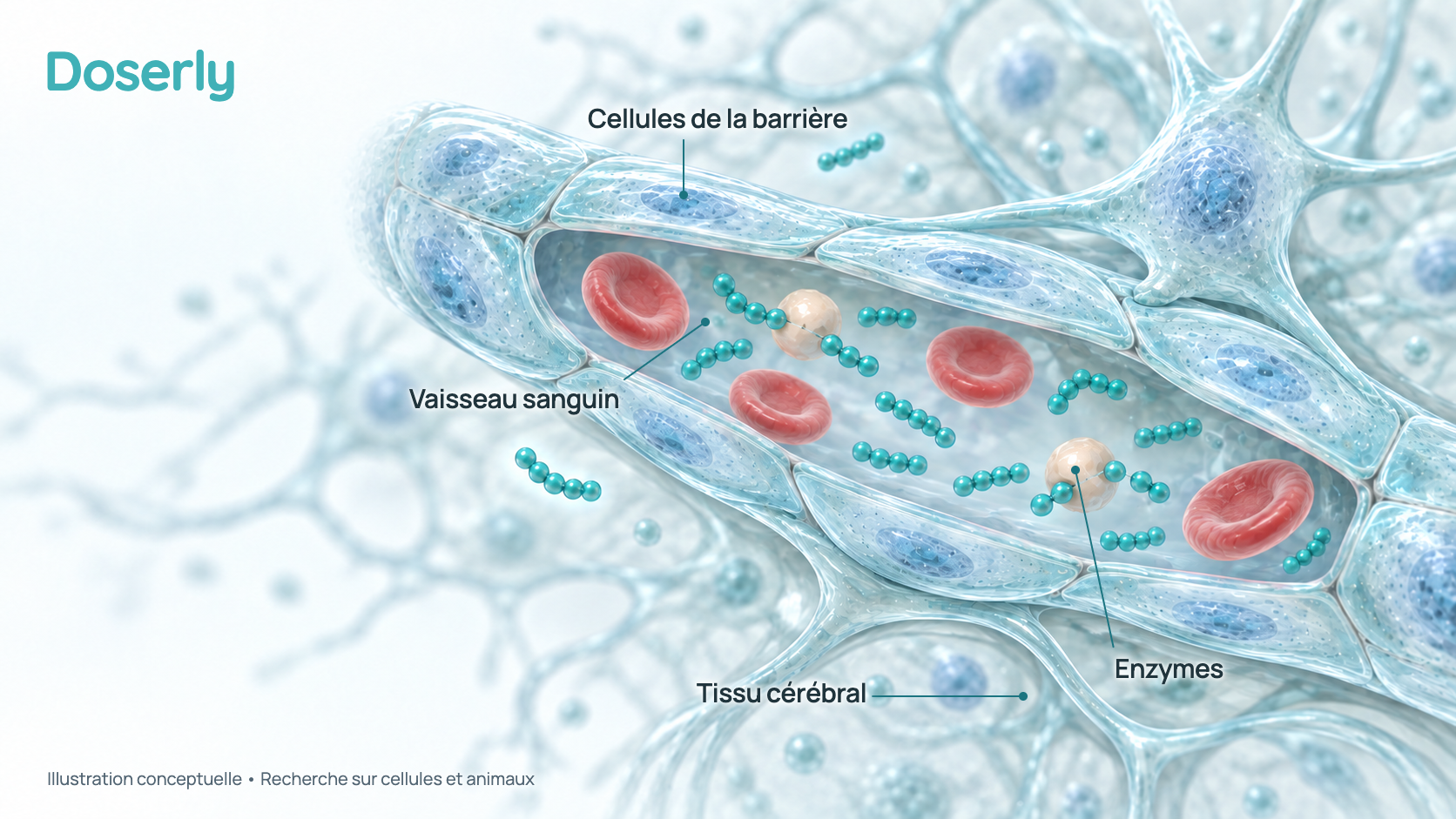 Coupe conceptuelle d’un minuscule vaisseau sanguin du cerveau : des cellules de paroi étroitement jointes forment la barrière hématoencéphalique, des globules rouges circulent à l’intérieur, et de petites chaînes de peptides dans le sang sont coupées par des enzymes, seules quelques-unes atteignant le tissu cérébral à l’extérieur. L’image illustre des résultats chez l’animal et en laboratoire, pas une mesure chez l’humain.