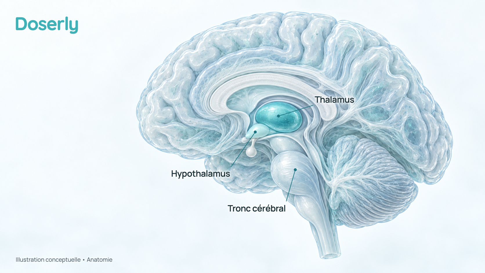 Vue conceptuelle en coupe du cerveau humain vu de côté, qui met en évidence le thalamus au centre, l’hypothalamus juste en dessous et le tronc cérébral, des zones qui participent à la régulation du sommeil. L’image montre seulement l’anatomie; elle ne montre pas le DSIP en action dans le cerveau.