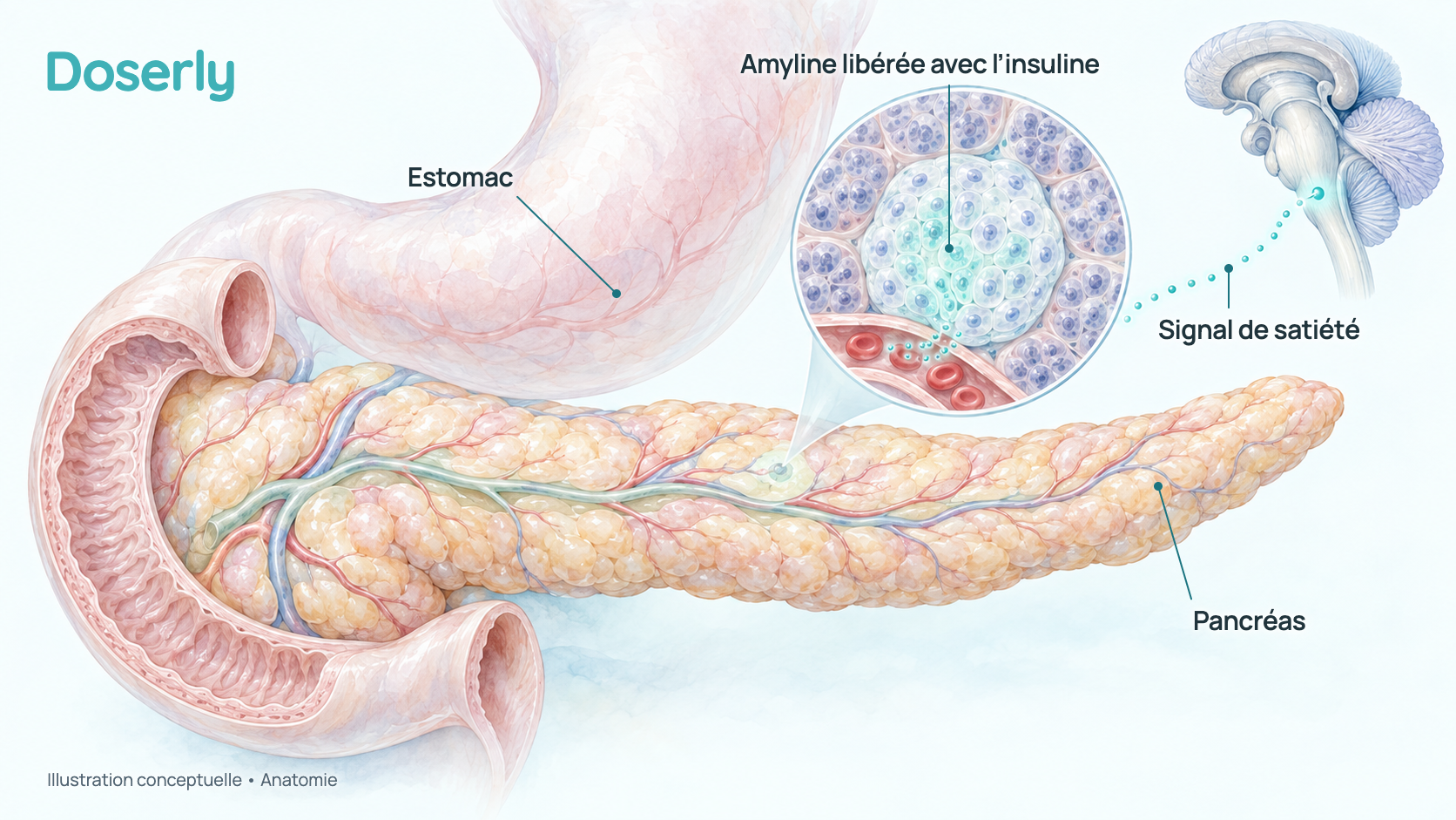 Aquarelle conceptuelle du pancréas qui s’incurve vers la première partie de l’intestin grêle, avec l’estomac au-dessus, une vue agrandie d’un îlot pancréatique qui libère de l’amyline et de l’insuline dans un petit vaisseau sanguin, et un tracé pointillé vers le tronc cérébral qui montre le signal de satiété. L’image montre l’anatomie, pas un effet de l’éloralintide.
