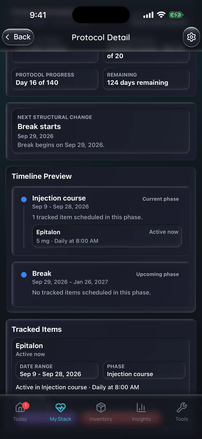 Capture de l’app Doserly (interface en anglais) : aperçu de la chronologie pour une cure d’Epitalon avec des dates d’exemple : une phase d’injection de 20 jours à 5 mg par jour à 8 h du 9 au 28 septembre, puis une pause de 120 jours sans dose jusqu’au 26 janvier.