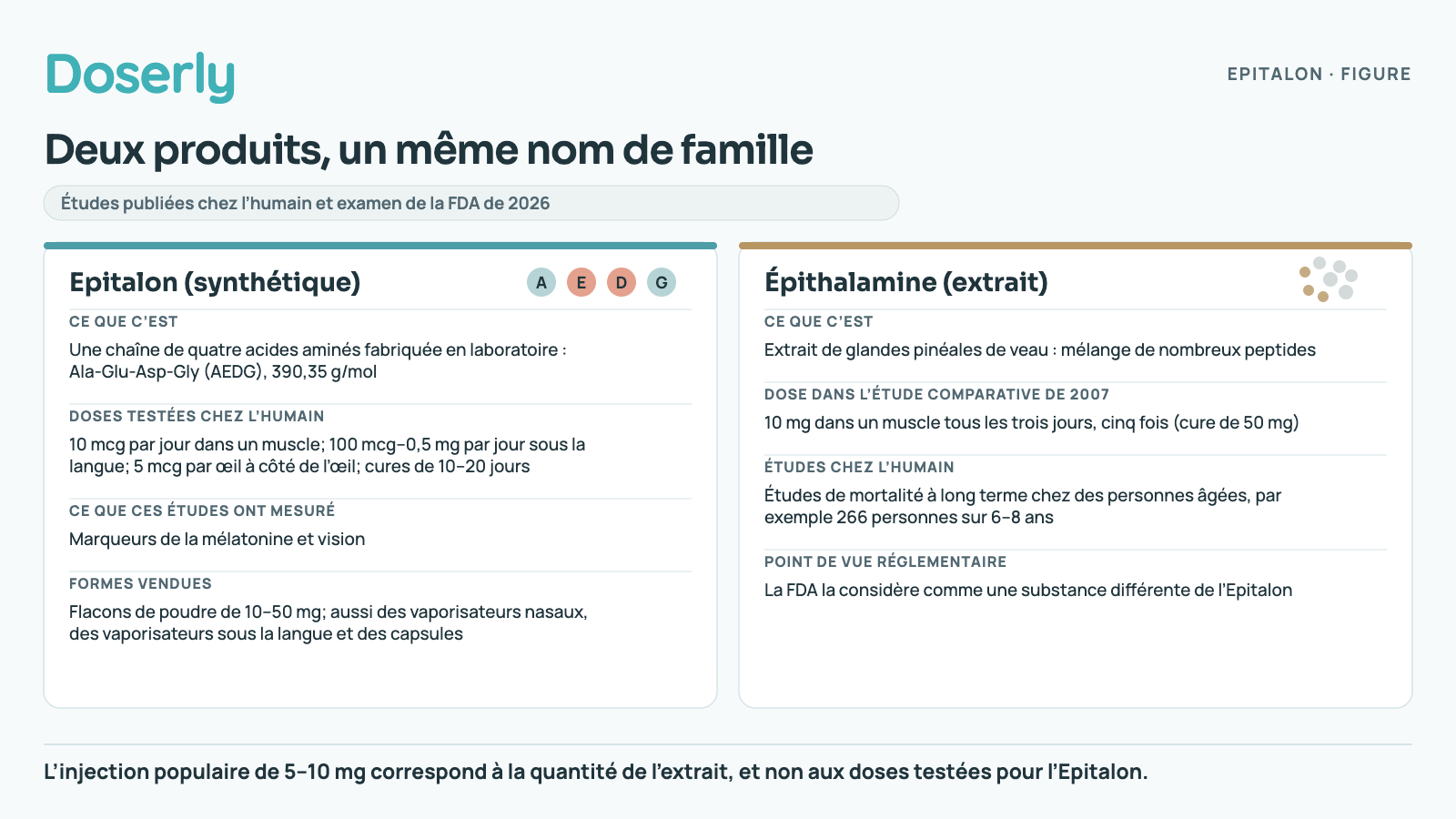 Deux cartes comparent l’Epitalon, une chaîne de quatre acides aminés fabriquée en laboratoire et testée chez l’humain à des doses de l’ordre du microgramme, et l’épithalamine, un extrait de glandes pinéales de veau administré à raison de 10 mg par injection dans les études sur la mortalité des personnes âgées.