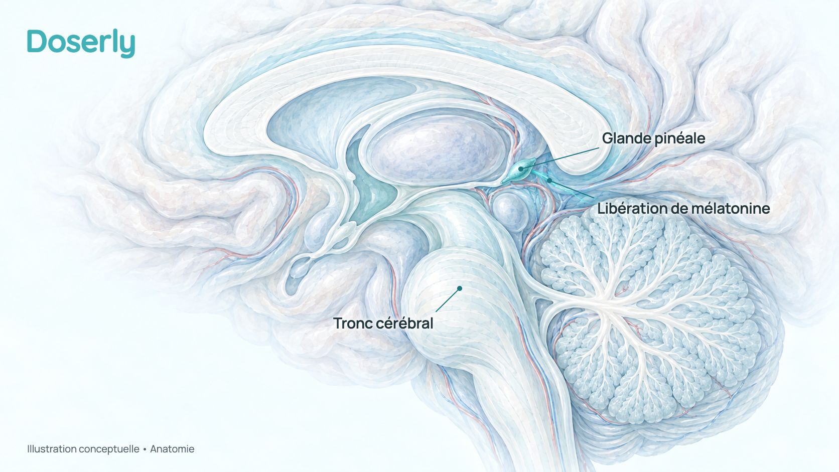 Illustration conceptuelle du cerveau humain vu de côté, en coupe pour montrer la petite glande pinéale en forme de cône de pin près de son centre, avec une légère lueur nocturne qui évoque la libération de mélatonine. Elle montre seulement l’anatomie, pas un effet de l’Epitalon.