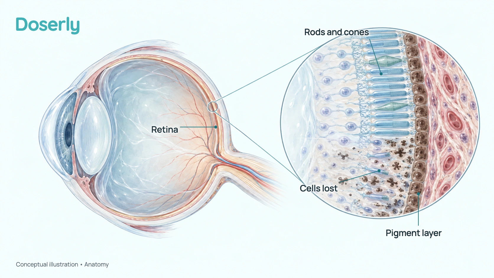 Conceptual Doserly illustration of the eye, retina and photoreceptors; it does not depict a measured supplement effect.