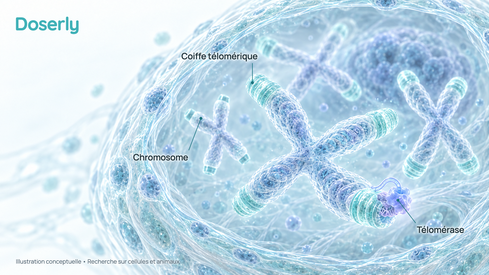 Illustration conceptuelle d’un noyau cellulaire avec des chromosomes en forme de X dont les extrémités sont mises en évidence comme des capuchons lumineux, et une enzyme télomérase près d’une extrémité qui l’allonge. Elle montre l’idée proposée, pas un effet démontré chez l’humain.