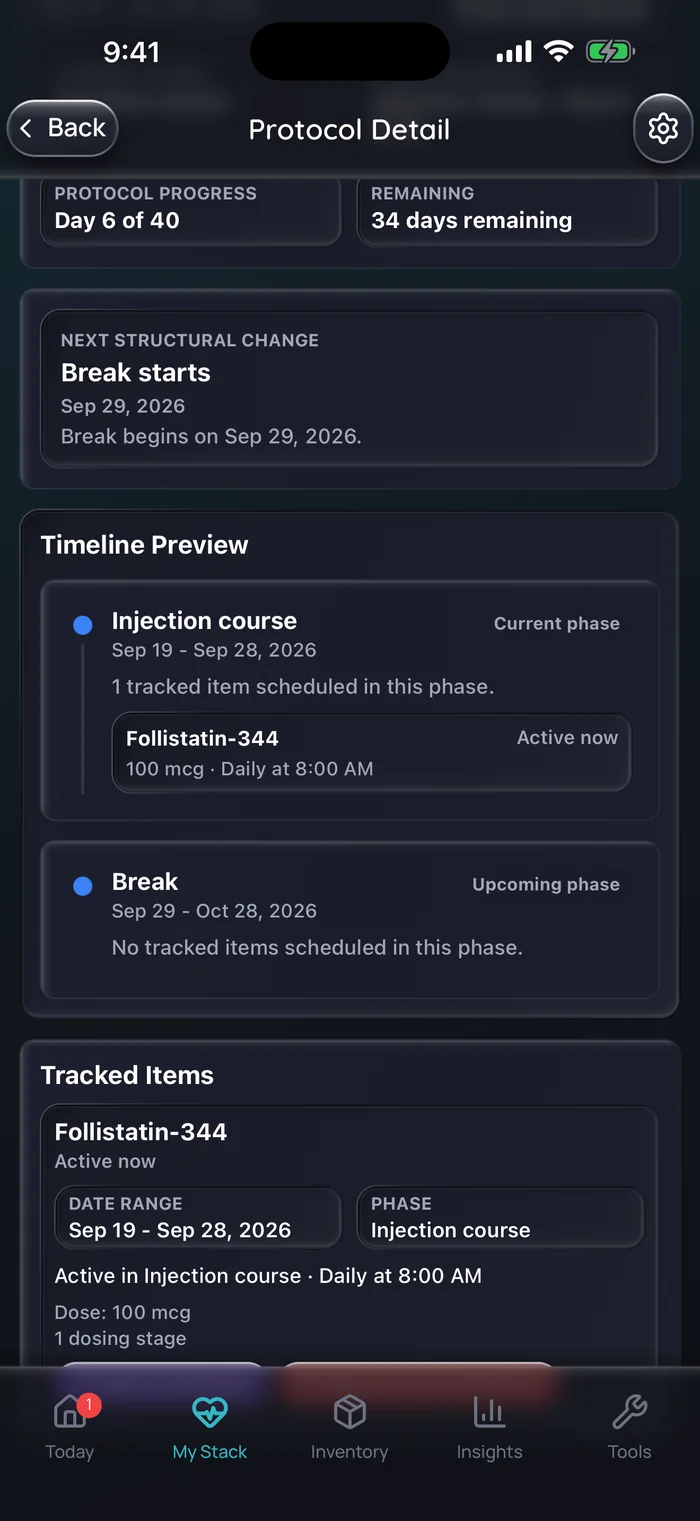 Doserly timeline preview for a Follistatin-344 course: an injection phase of 100 mcg daily at 8:00 AM from Sep 19 to Sep 28, then a break with no doses from Sep 29 to Oct 28, 2026.