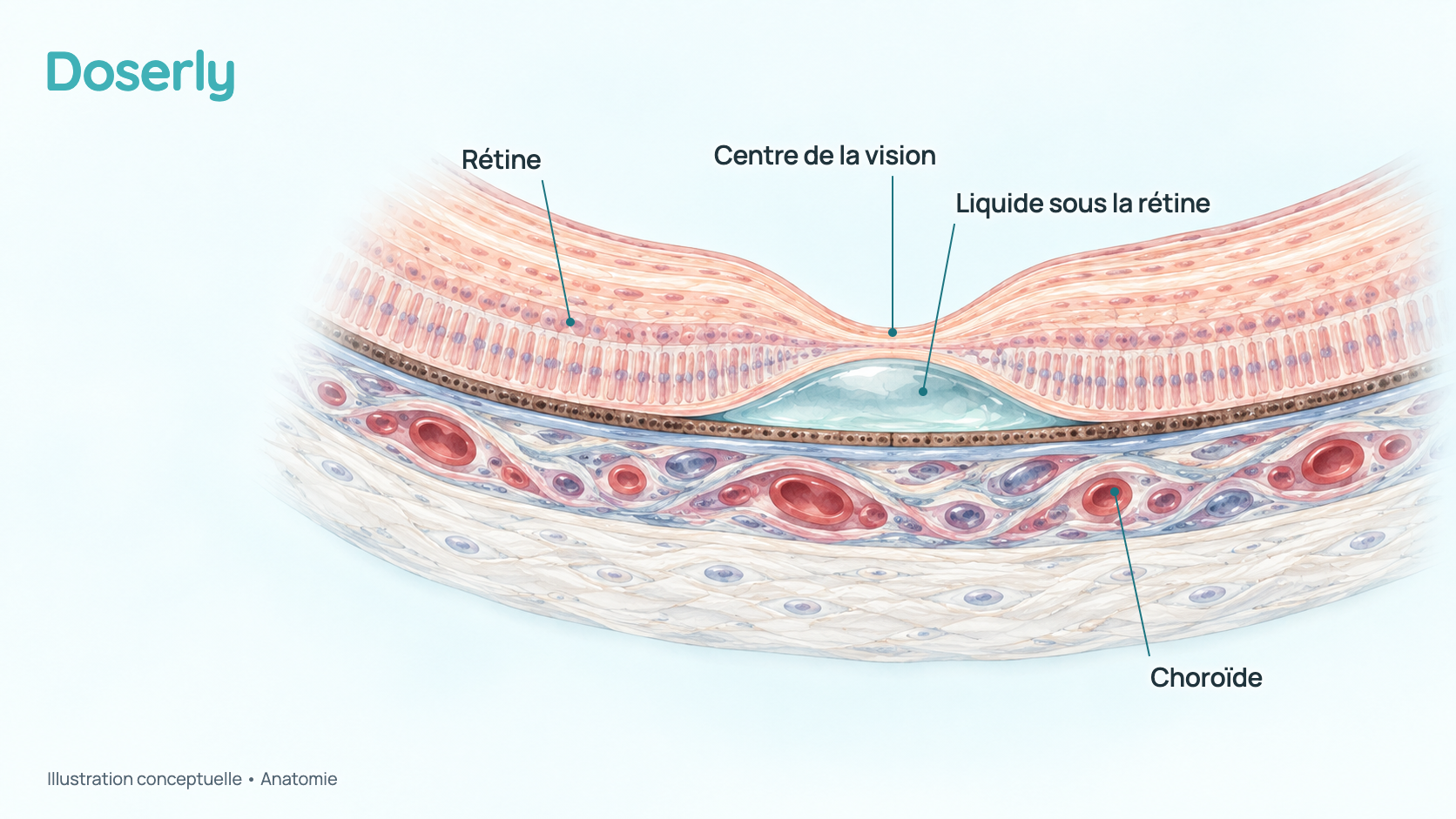 Coupe transversale conceptuelle du fond de l’œil montrant la rétine, la couche de vaisseaux sanguins sous-jacente (la choroïde) et un petit dôme de liquide clair qui soulève la rétine près de son centre. Elle explique ce qu’est la choriorétinopathie séreuse centrale; ce n’est pas une image tirée de la série de cas.