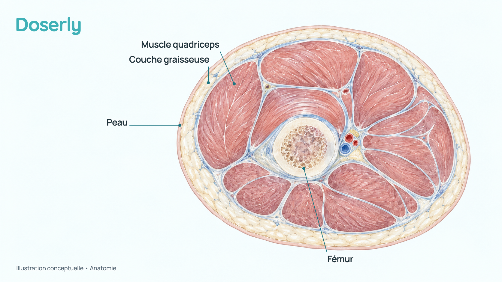Coupe transversale conceptuelle d’une cuisse d’adulte montrant la peau, la couche graisseuse en dessous, le gros muscle quadriceps à l’avant et le fémur. Elle montre où les études de thérapie génique ont injecté et où les sites Web décrivent l’injection des flacons; elle ne montre aucun effet mesuré.