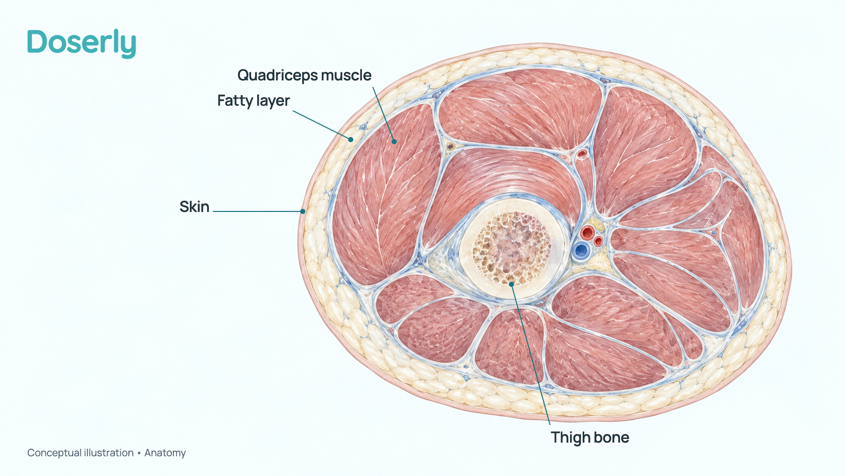 Conceptual cross-section of an adult thigh showing skin, the fatty layer beneath it, the large quadriceps muscle at the front and the thigh bone. It shows where the gene therapy studies injected and where websites describe injecting vials; it does not show any measured effect.