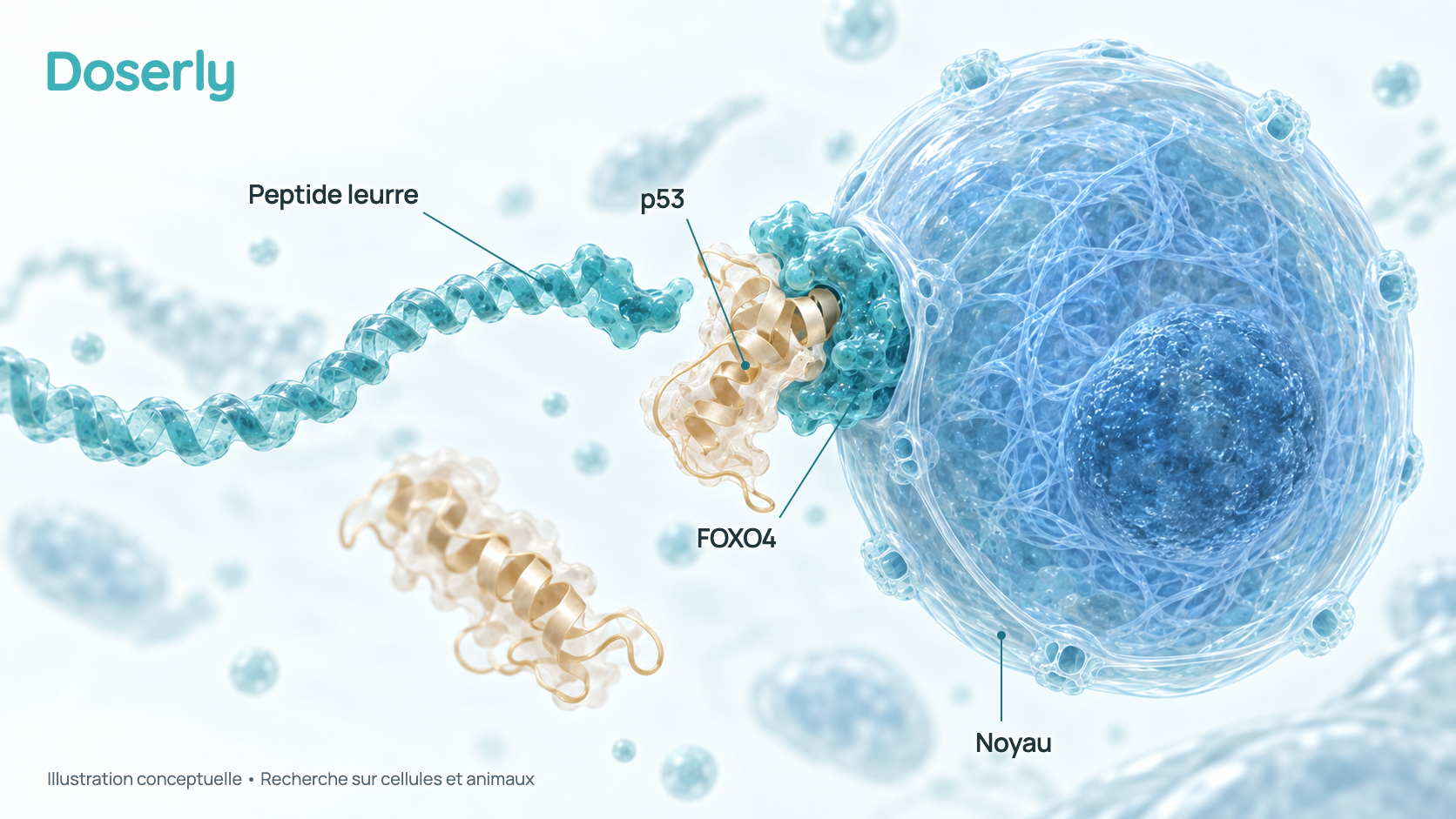 Illustration conceptuelle de l’intérieur d’une cellule : un noyau contre lequel une protéine est retenue par une protéine partenaire, et un peptide distinct en forme de ruban qui arrive, si bien que la protéine retenue se déplace dans le liquide cellulaire environnant. Elle représente la recherche sur cellules et chez l’animal, pas un effet démontré chez l’humain.