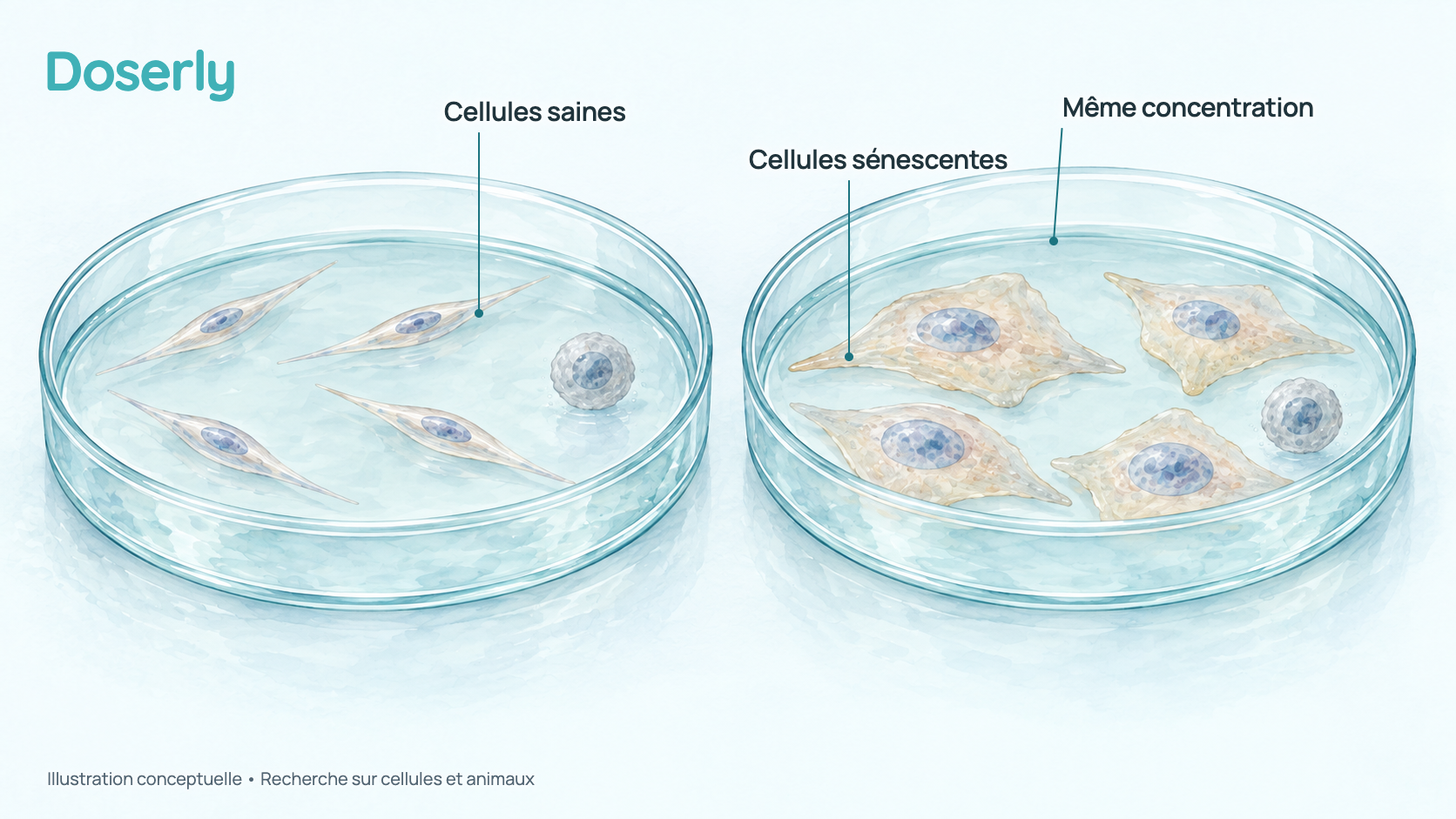 Illustration conceptuelle de deux boîtes de laboratoire côte à côte contenant la même concentration de liquide, l’une avec des cellules ordinaires et l’autre avec des cellules sénescentes agrandies, avec une proportion semblable de cellules qui meurent dans chacune. Elle représente des résultats d’études sur cellules, pas un effet mesuré chez l’humain.