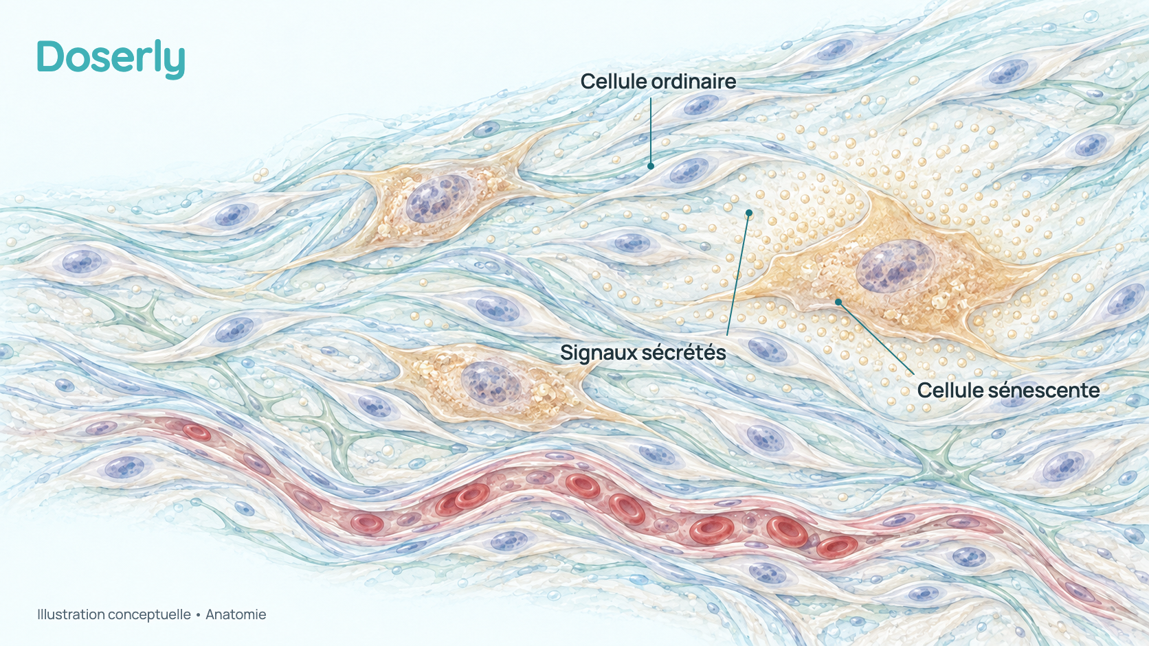 Illustration conceptuelle d’une zone de tissu conjonctif où la plupart des cellules semblent ordinaires, alors que quelques-unes sont agrandies, aplaties et irrégulières et libèrent de petites particules de signalisation dans l’espace qui les entoure. Elle montre un concept biologique, pas un effet du FOXO4-DRI.