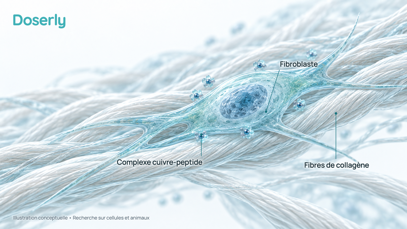 Illustration conceptuelle d’un fibroblaste parmi des fibres de collagène, avec de petits complexes cuivre-peptide près de sa surface. Elle représente la recherche sur cellules et animaux, pas un effet démontré chez l’humain.