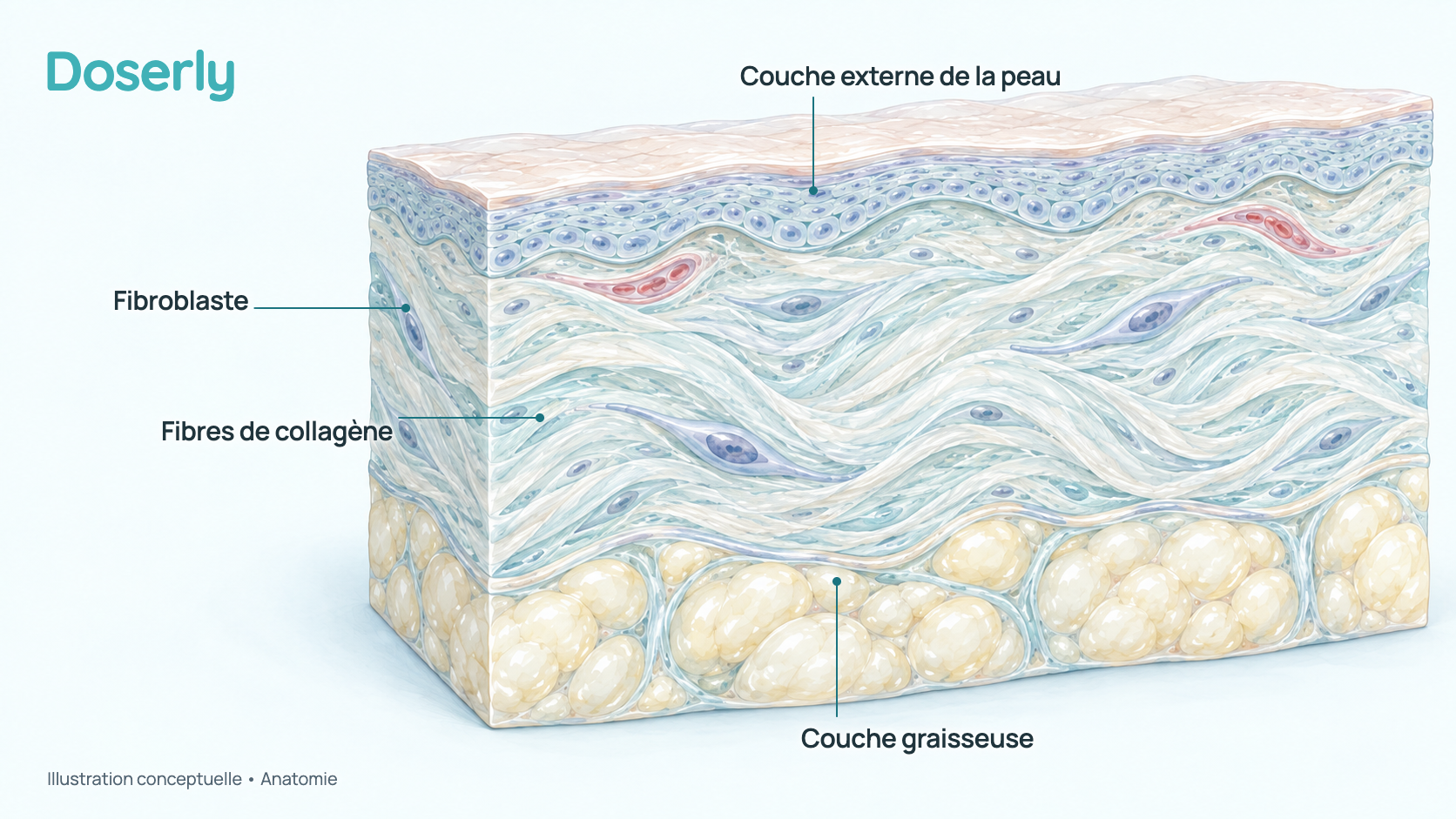 Coupe conceptuelle de la peau : une mince couche externe de cellules de la peau, une couche plus épaisse de fibres de collagène entrelacées avec des fibroblastes dispersés et de petits vaisseaux sanguins, et une couche graisseuse en dessous. Elle montre l’anatomie normale, pas un effet du GHK-Cu.
