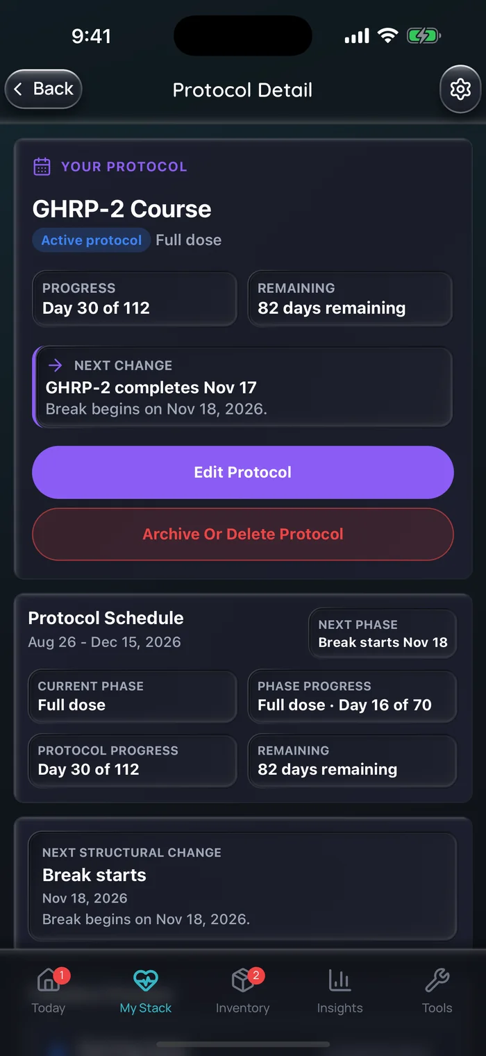 Capture de l’app Doserly (interface en anglais), données d’exemple : détail du protocole d’une cure de GHRP-2 en phase de pleine dose, au jour 30 sur 112 avec 82 jours restants, qui indique que les doses se terminent le 17 novembre et qu’une pause commence le 18 novembre.