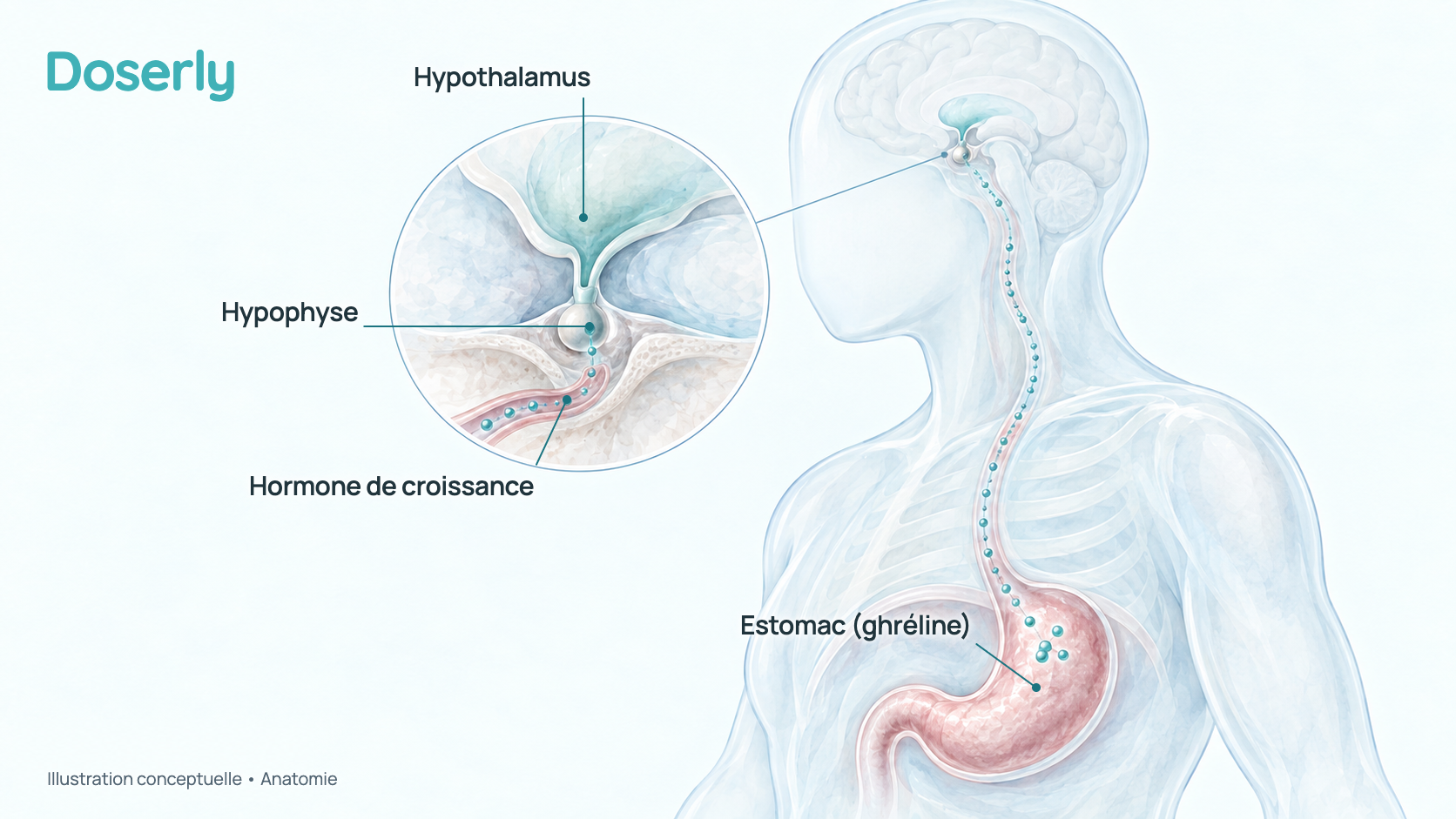 Illustration conceptuelle à l’aquarelle de l’estomac, où est fabriquée l’hormone de la faim, la ghréline, reliée par la circulation sanguine à l’hypothalamus et à l’hypophyse, à la base du cerveau, qui libère l’hormone de croissance. Elle explique l’anatomie, pas un effet du GHRP-2.
