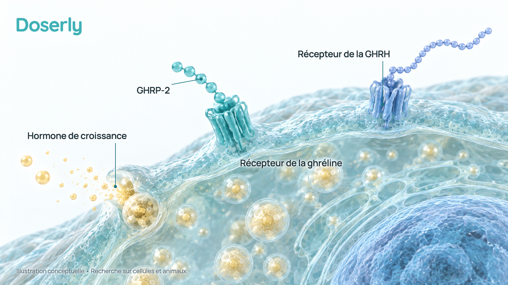 Illustration conceptuelle d’une cellule de l’hypophyse portant deux récepteurs différents à sa surface : un peptide court, le GHRP-2, qui se fixe au récepteur de la ghréline, et un peptide plus long de type GHRH qui se fixe au récepteur de la GHRH, avec de l’hormone de croissance en réserve qui quitte la cellule. Elle représente la recherche sur cellules et chez l’animal, pas une structure mesurée.