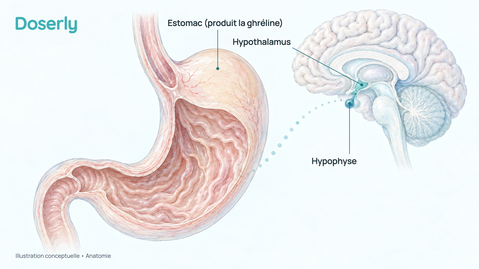 Illustration conceptuelle à l’aquarelle d’un estomac humain en coupe, où est produite la ghréline, l’hormone de la faim, à côté d’un dessin plus petit du cerveau coupé en son milieu qui montre l’hypothalamus et l’hypophyse, de la taille d’un pois, suspendue en dessous. Une ligne pointillée représente l’hormone transportée dans le sang. L’illustration montre seulement l’anatomie, pas un effet du GHRP-6.