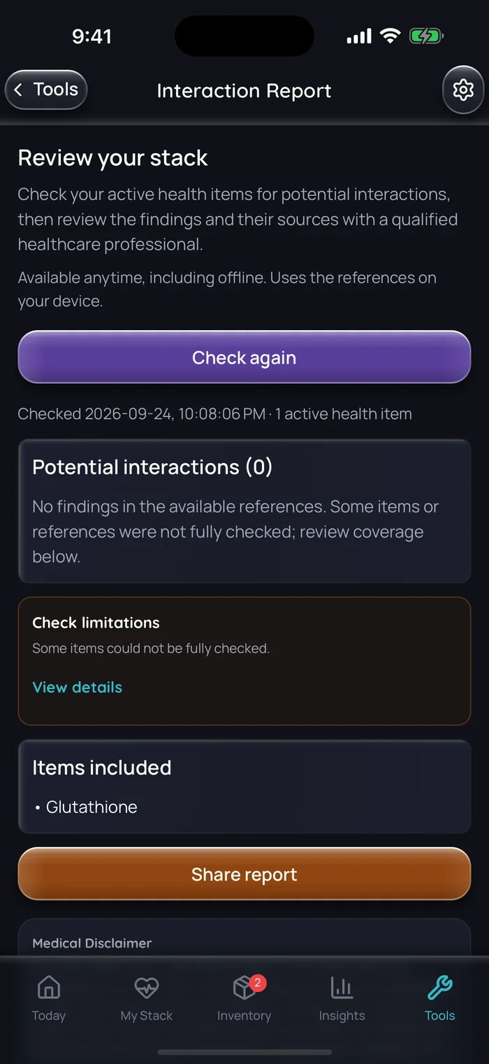 Doserly interaction report for a stack with one active item, Glutathione, showing no findings in the available references and a note that some items could not be fully checked.