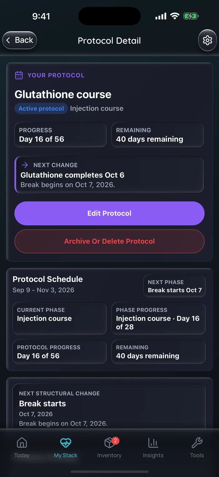 Doserly protocol detail for a Glutathione course in its injection phase, on day 16 of 56 with 40 days remaining, showing that a break begins on Oct 7, 2026.