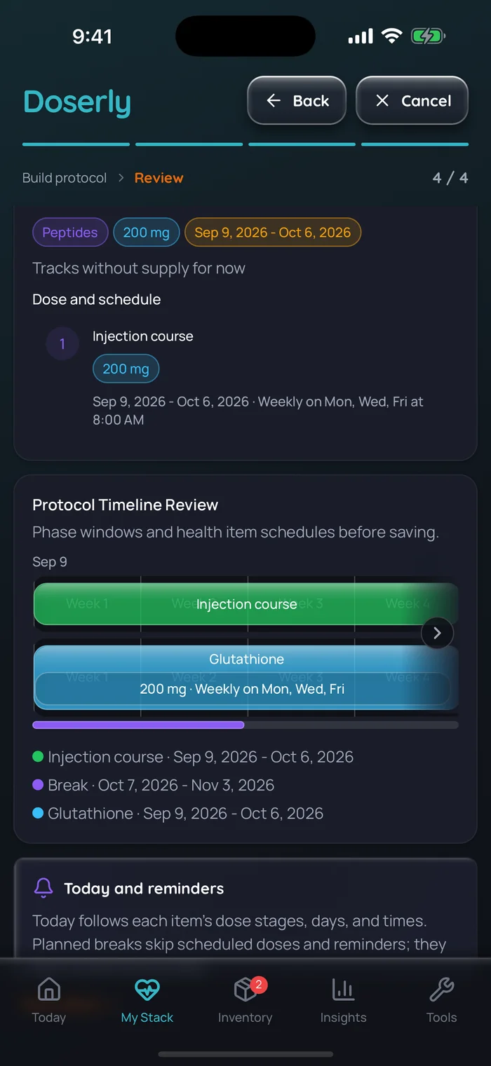 Doserly plan review for a Glutathione course: an injection course of 200 mg weekly on Monday, Wednesday and Friday at 8:00 AM from Sep 9 to Oct 6, then a break with nothing scheduled from Oct 7 to Nov 3, 2026, with both phases on a timeline.