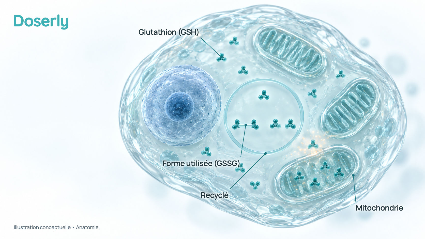 Illustration conceptuelle d’une cellule avec des molécules de glutathion dans son liquide et à l’intérieur d’une mitochondrie, qui passent de la forme active réduite à la forme oxydée. Elle montre la biologie cellulaire normale, et non un effet de la prise de glutathion.