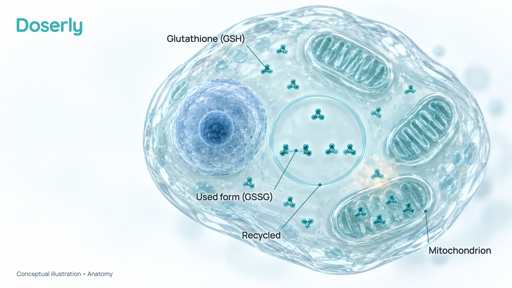 Conceptual illustration of a cell with glutathione molecules in its fluid and inside a mitochondrion, shown switching between the active reduced form and the oxidized form. It shows normal cell biology, not an effect of taking glutathione.