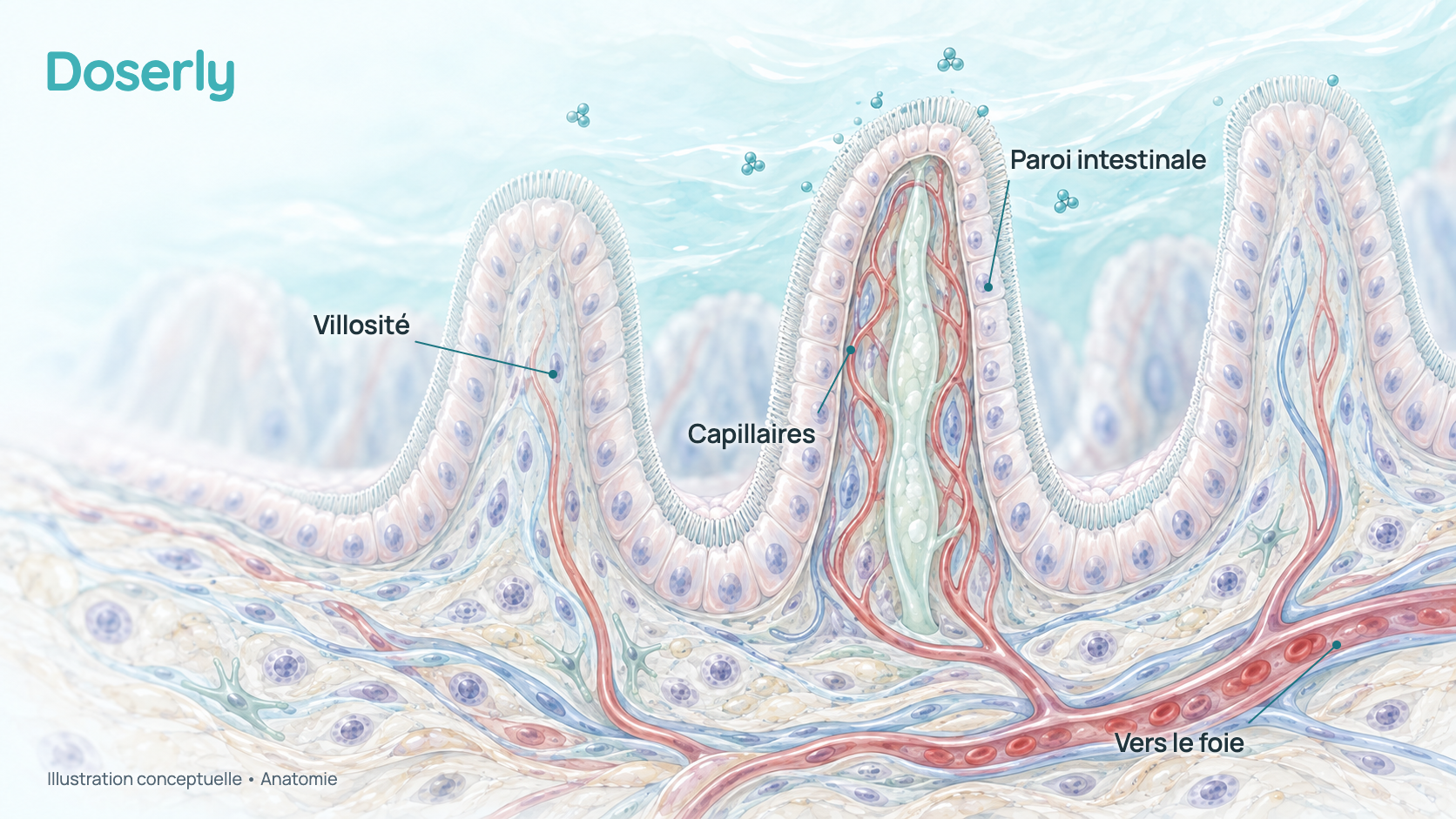 Coupe conceptuelle de la paroi de l’intestin grêle montrant les villosités en forme de doigts, la couche unique de cellules de la paroi et les petits vaisseaux sanguins qui transportent les nutriments absorbés vers le foie. Elle montre l’anatomie, et non une quantité mesurée de glutathion absorbée.
