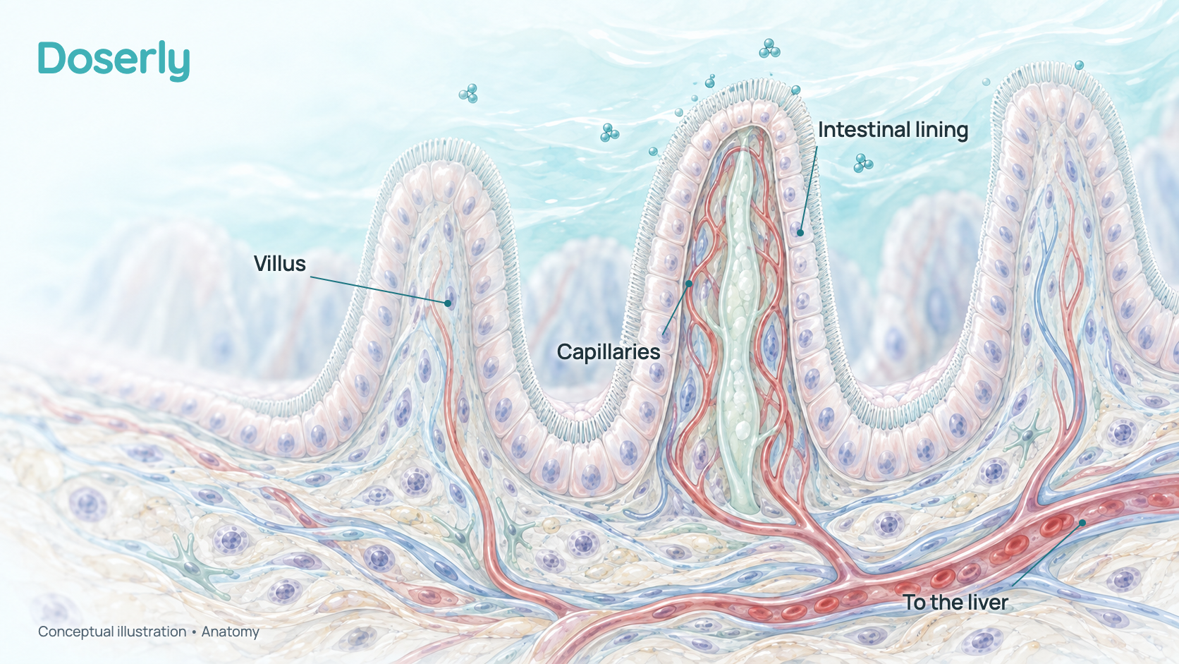 Conceptual cross-section of the small intestine lining, showing finger-like villi, the single layer of lining cells and the small blood vessels that carry absorbed nutrients toward the liver. It shows anatomy, not a measured amount of glutathione being absorbed.